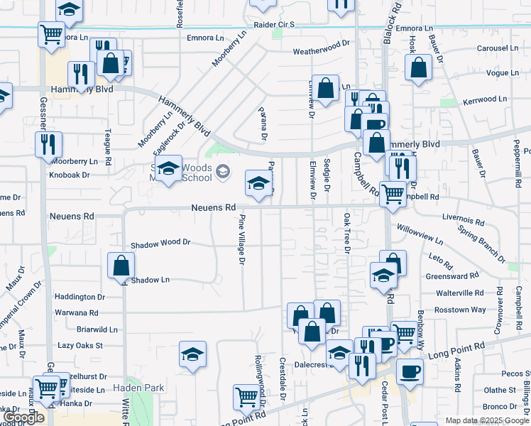 map of restaurants, bars, coffee shops, grocery stores, and more near 1848 Parana Drive in Houston