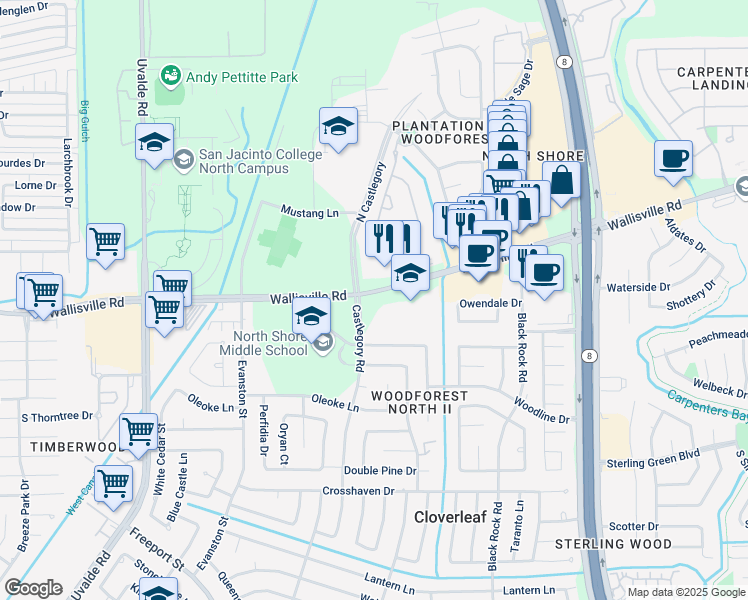 map of restaurants, bars, coffee shops, grocery stores, and more near 15150 Wallisville Road in Houston