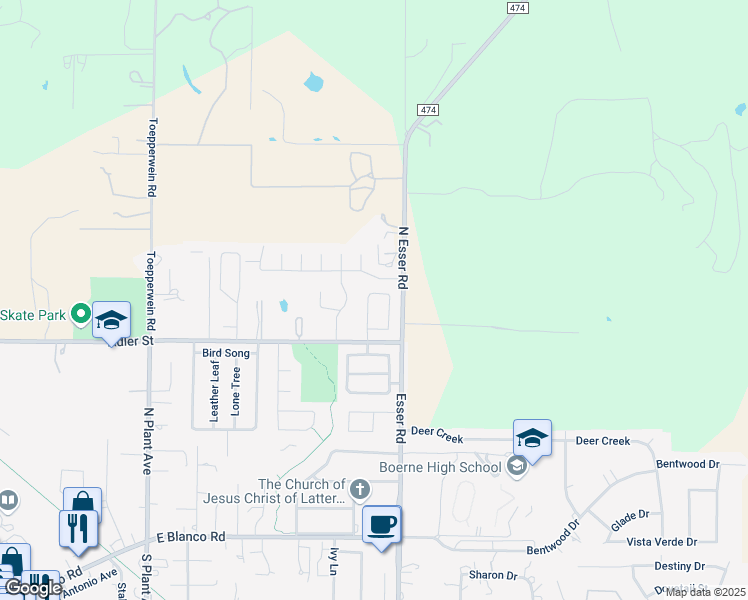 map of restaurants, bars, coffee shops, grocery stores, and more near 127 Latigo Lane in Boerne