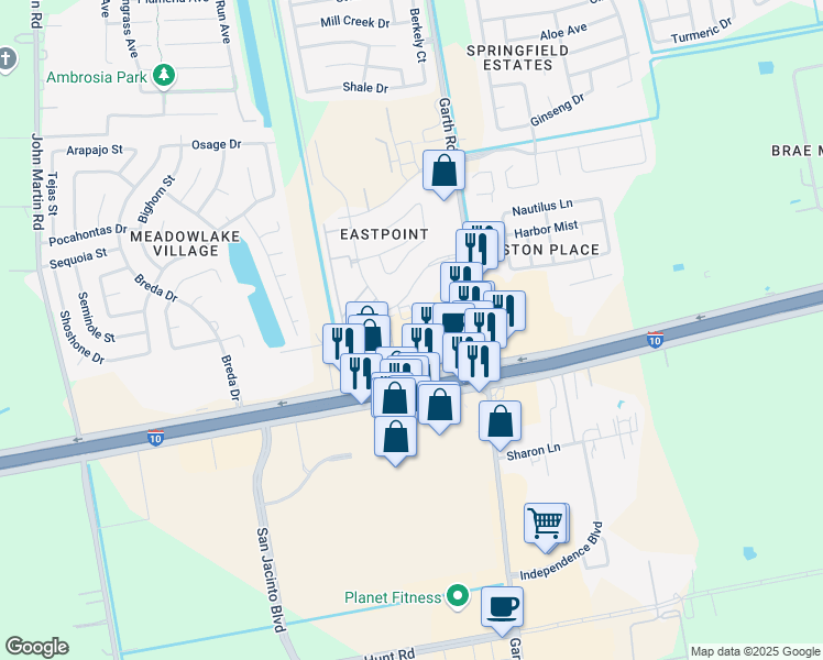 map of restaurants, bars, coffee shops, grocery stores, and more near 7212 Eastpoint Boulevard in Baytown