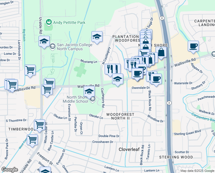 map of restaurants, bars, coffee shops, grocery stores, and more near 14950-14982 Wallisville Road in Houston