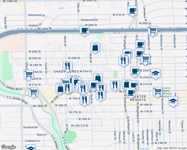 map of restaurants, bars, coffee shops, grocery stores, and more near 1046A West 23rd Street in Houston