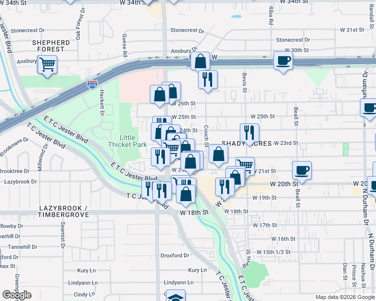 map of restaurants, bars, coffee shops, grocery stores, and more near 1512 West 23rd Street in Houston