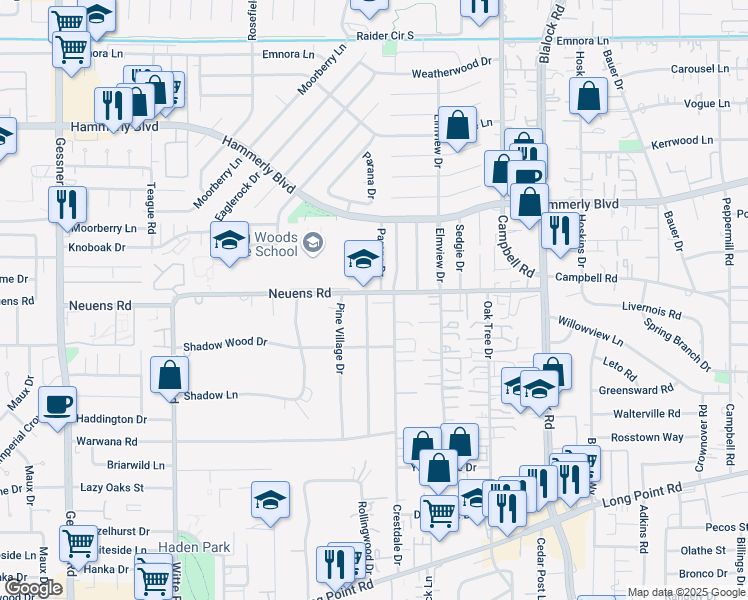 map of restaurants, bars, coffee shops, grocery stores, and more near 1848 Parana Drive in Houston