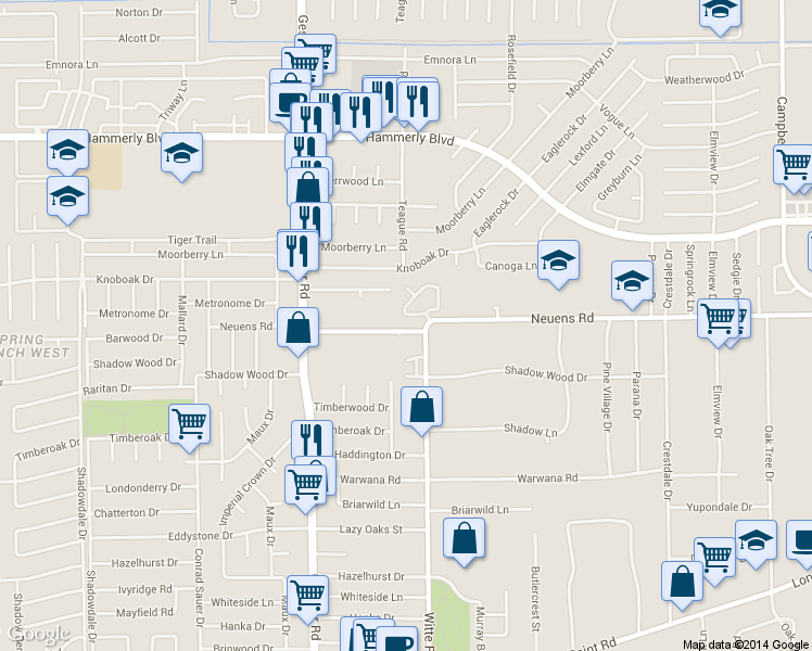 map of restaurants, bars, coffee shops, grocery stores, and more near 10055 Fallen Woods Drive in Houston