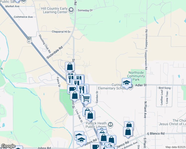 map of restaurants, bars, coffee shops, grocery stores, and more near 9 Hill View Lane in Boerne