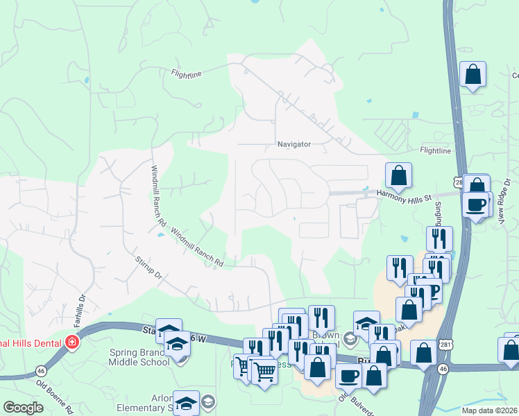 map of restaurants, bars, coffee shops, grocery stores, and more near 742 Singing Creek in Spring Branch
