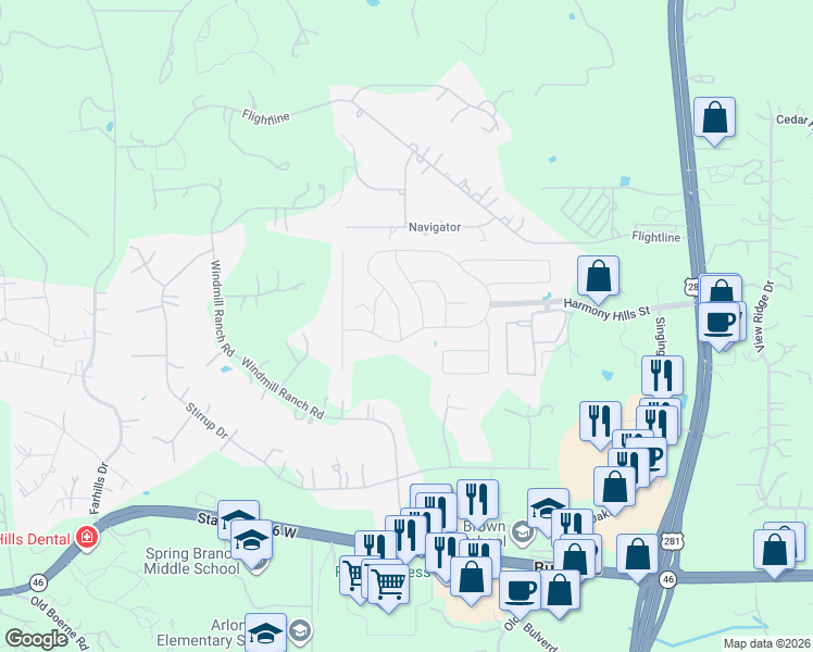 map of restaurants, bars, coffee shops, grocery stores, and more near 742 Singing Creek in Spring Branch