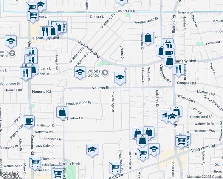 map of restaurants, bars, coffee shops, grocery stores, and more near 9733 Neuens Road in Houston