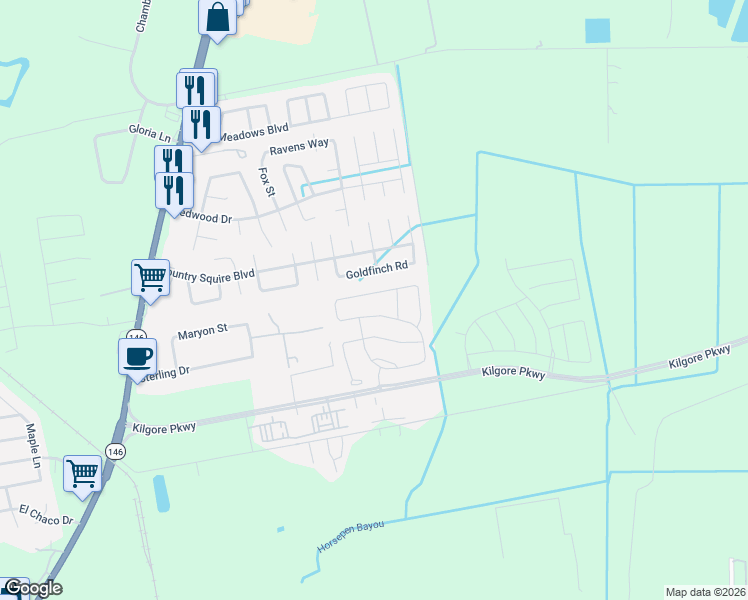 map of restaurants, bars, coffee shops, grocery stores, and more near 10710 Goldfinch Road in Baytown