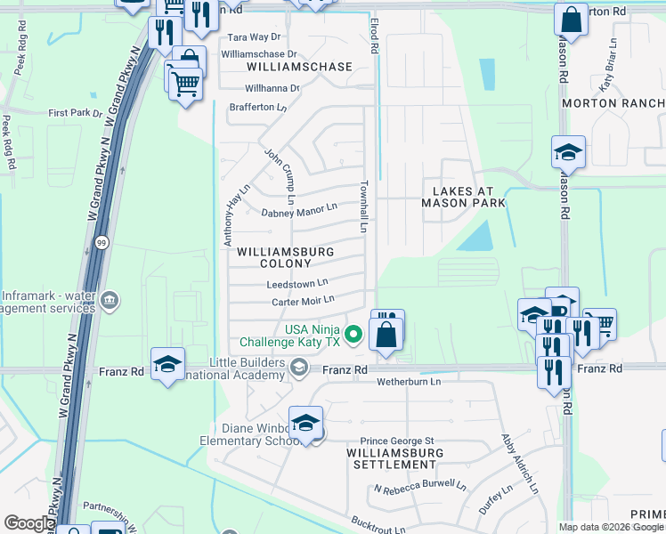 map of restaurants, bars, coffee shops, grocery stores, and more near 22523 John Rolfe Lane in Katy