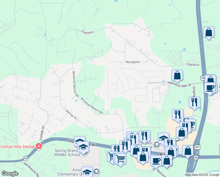map of restaurants, bars, coffee shops, grocery stores, and more near 192 Windmill Way in Bulverde