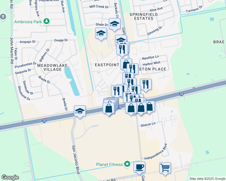 map of restaurants, bars, coffee shops, grocery stores, and more near 7212 Eastpoint Boulevard in Baytown