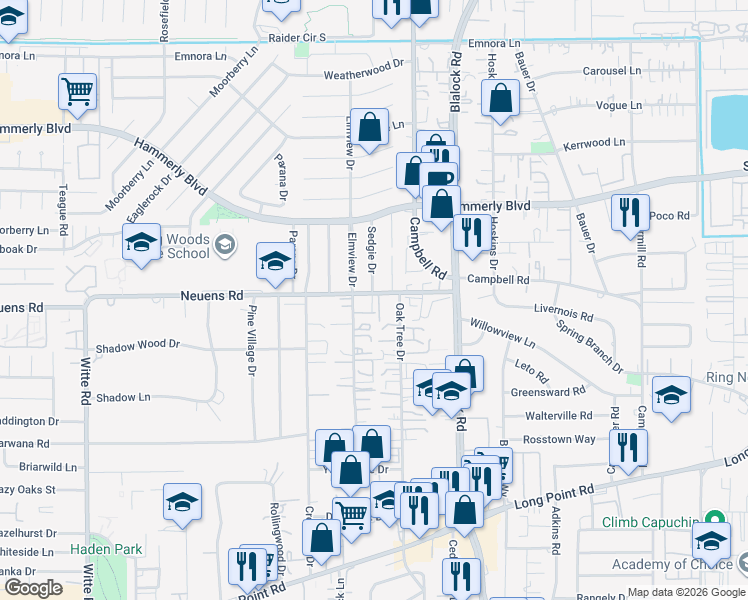 map of restaurants, bars, coffee shops, grocery stores, and more near 1901 Stillwood Drive in Houston