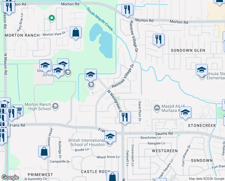 map of restaurants, bars, coffee shops, grocery stores, and more near 2703 Bronze Loquate Court in Katy