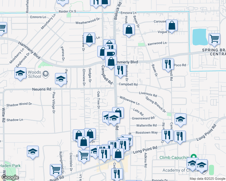 map of restaurants, bars, coffee shops, grocery stores, and more near 1769 Blalock Road in Houston