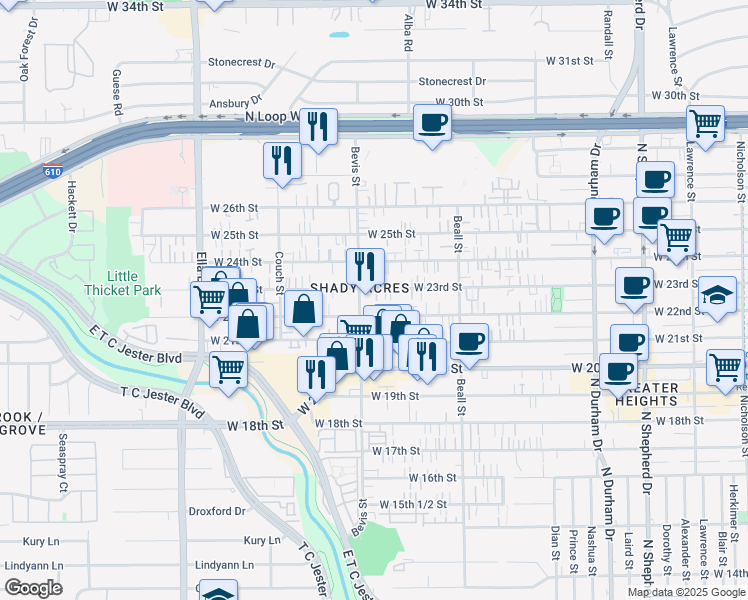 map of restaurants, bars, coffee shops, grocery stores, and more near 2211 Bevis Street in Houston