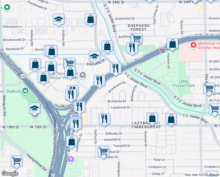 map of restaurants, bars, coffee shops, grocery stores, and more near 2425 Brookmere Drive in Houston