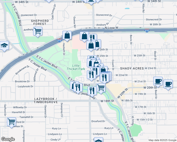 map of restaurants, bars, coffee shops, grocery stores, and more near in Houston