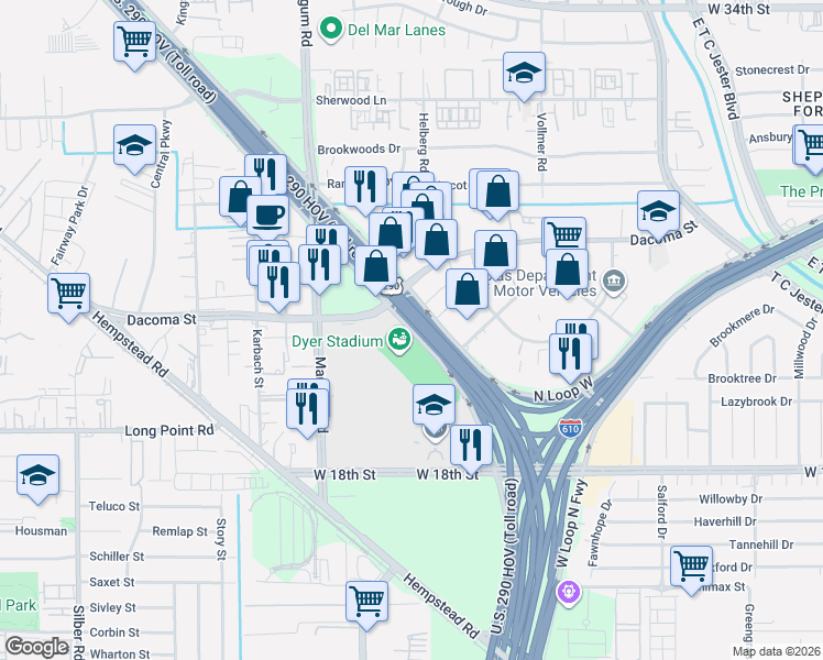 map of restaurants, bars, coffee shops, grocery stores, and more near 4125 Northwest Freeway in Houston