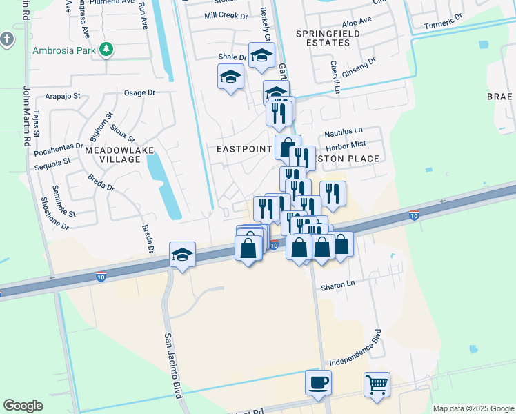 map of restaurants, bars, coffee shops, grocery stores, and more near 7212 Eastpoint Boulevard in Baytown