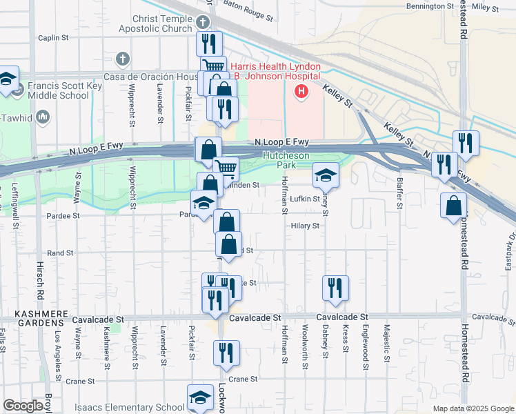 map of restaurants, bars, coffee shops, grocery stores, and more near 5465 Pardee Street in Houston