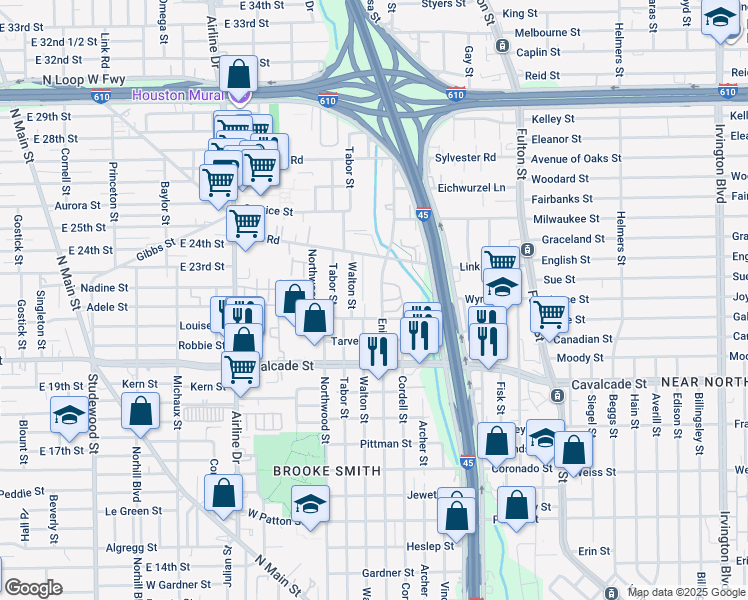 map of restaurants, bars, coffee shops, grocery stores, and more near 1617 Enid Street in Houston