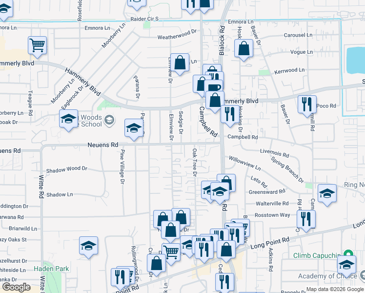 map of restaurants, bars, coffee shops, grocery stores, and more near 1901 Stillwood Drive in Houston