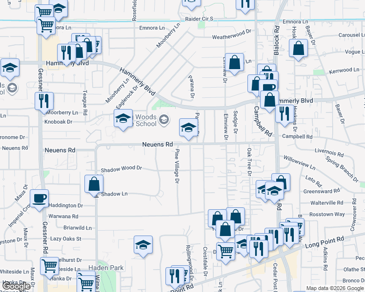 map of restaurants, bars, coffee shops, grocery stores, and more near 1848 Parana Drive in Houston