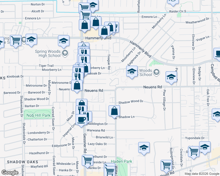 map of restaurants, bars, coffee shops, grocery stores, and more near 10055 Fallen Woods Drive in Houston