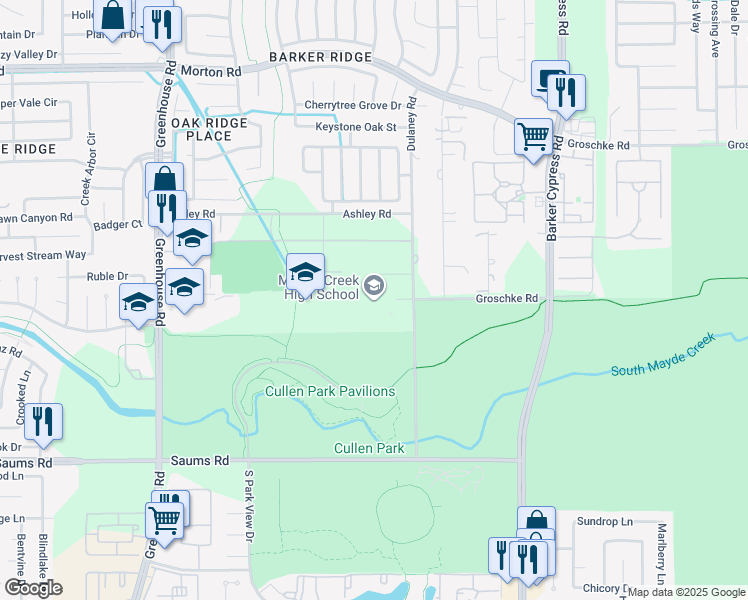 map of restaurants, bars, coffee shops, grocery stores, and more near 19202 Groschke Road in Houston