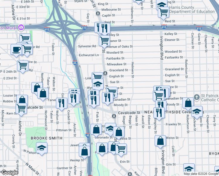 map of restaurants, bars, coffee shops, grocery stores, and more near 204 Joyce Street in Houston
