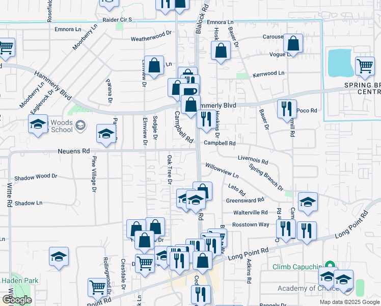 map of restaurants, bars, coffee shops, grocery stores, and more near 1769 Blalock Road in Houston