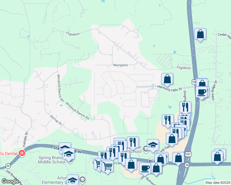 map of restaurants, bars, coffee shops, grocery stores, and more near 307 Rhapsody Ridge in Spring Branch
