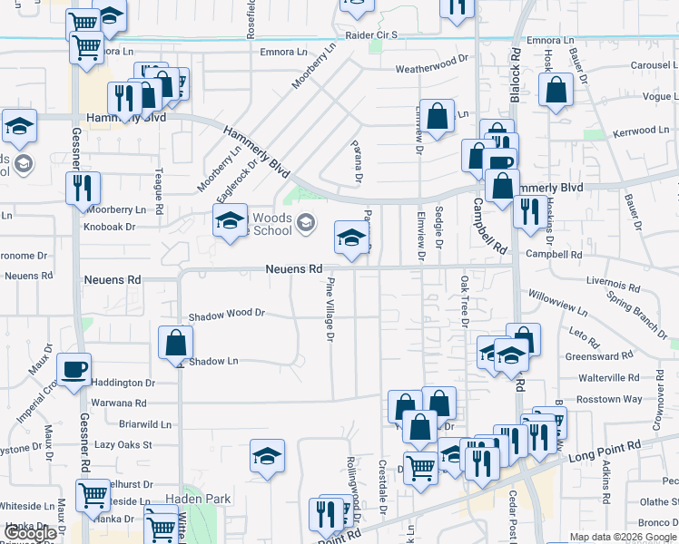 map of restaurants, bars, coffee shops, grocery stores, and more near 1848 Parana Drive in Houston