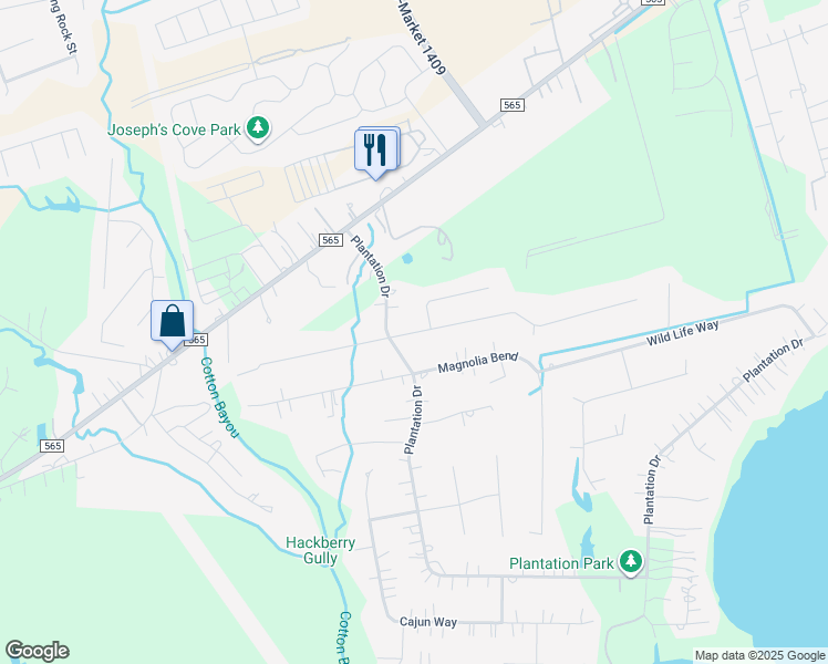 map of restaurants, bars, coffee shops, grocery stores, and more near 1711 Caroline Avenue in Baytown