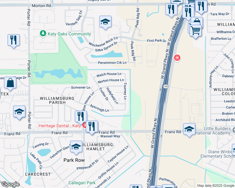 map of restaurants, bars, coffee shops, grocery stores, and more near 23727 Prince Lawrence Court in Katy