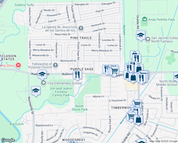 map of restaurants, bars, coffee shops, grocery stores, and more near 1401 Wallisville Road in Houston