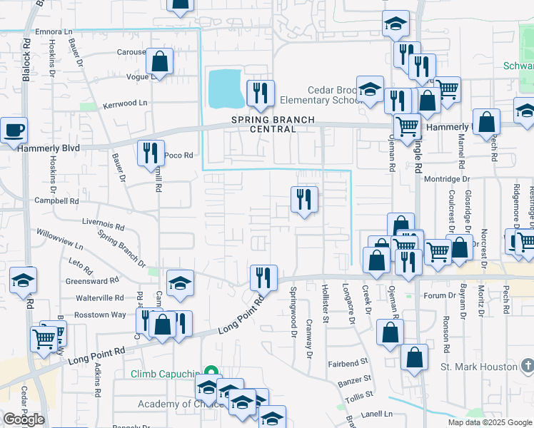 map of restaurants, bars, coffee shops, grocery stores, and more near 8904 Aventino way in Houston