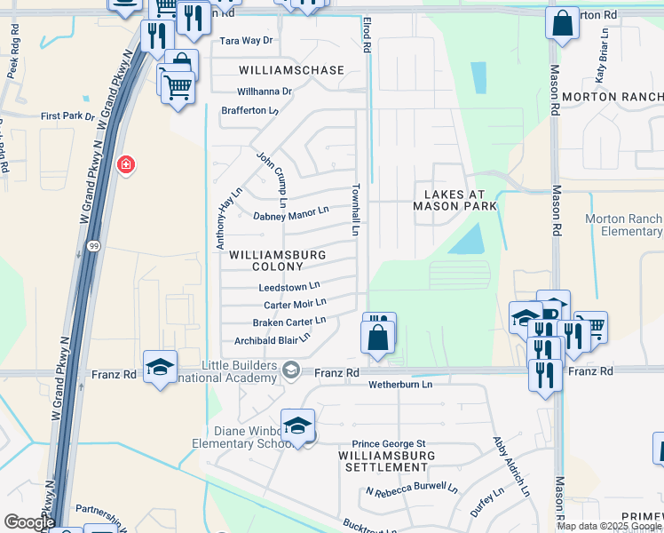 map of restaurants, bars, coffee shops, grocery stores, and more near 22523 John Rolfe Lane in Katy