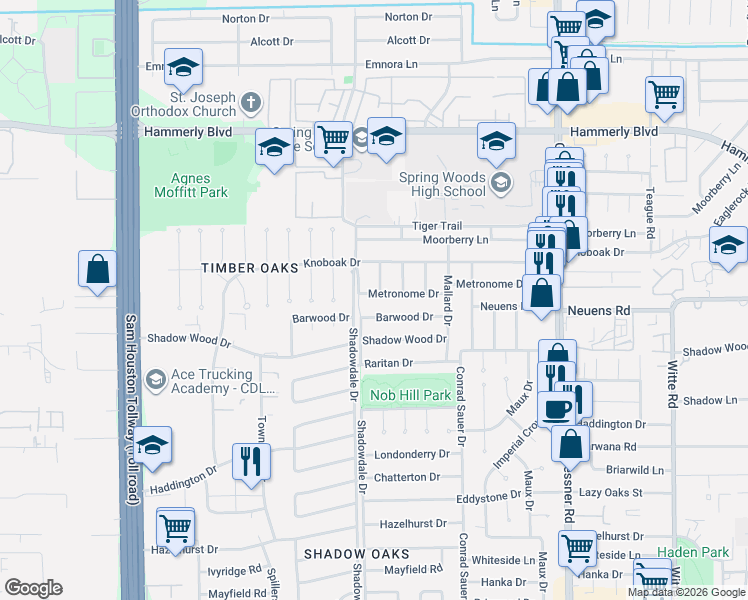 map of restaurants, bars, coffee shops, grocery stores, and more near 10523 Metronome Drive in Houston