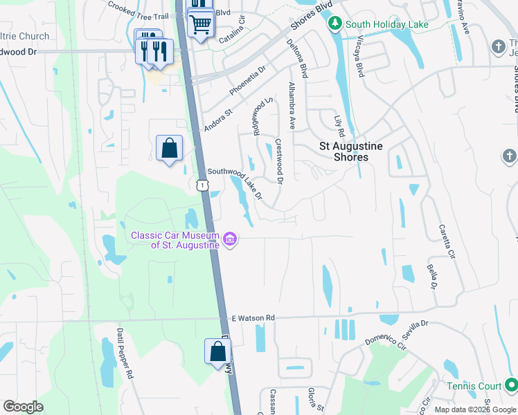 map of restaurants, bars, coffee shops, grocery stores, and more near 104 Laurel Wood Way in St. Augustine