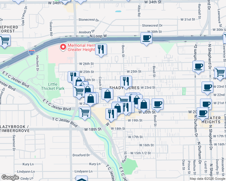 map of restaurants, bars, coffee shops, grocery stores, and more near 1402 West 23rd Street in Houston