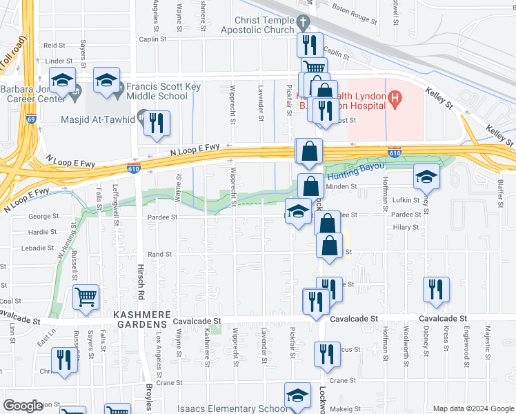 map of restaurants, bars, coffee shops, grocery stores, and more near 5005 Lavender Street in Houston