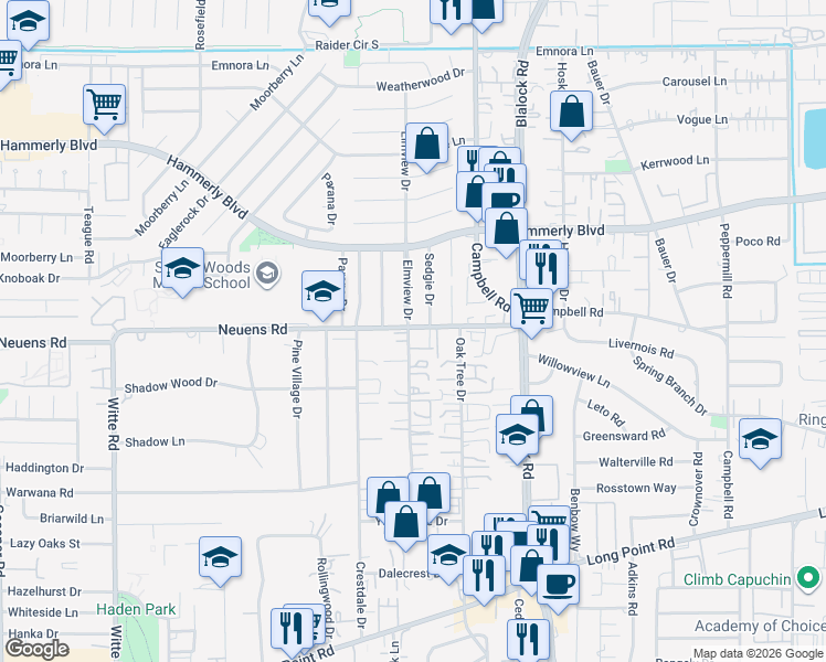 map of restaurants, bars, coffee shops, grocery stores, and more near 1901 Elmview Drive in Houston