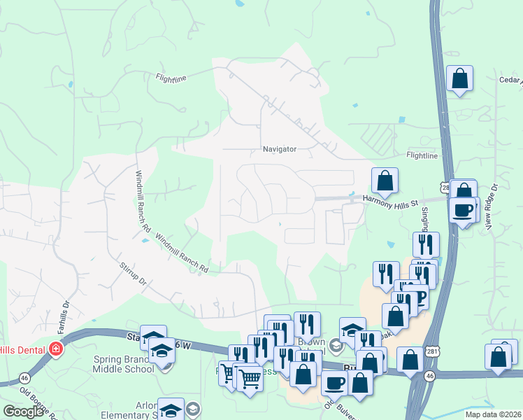 map of restaurants, bars, coffee shops, grocery stores, and more near 742 Singing Creek in Spring Branch