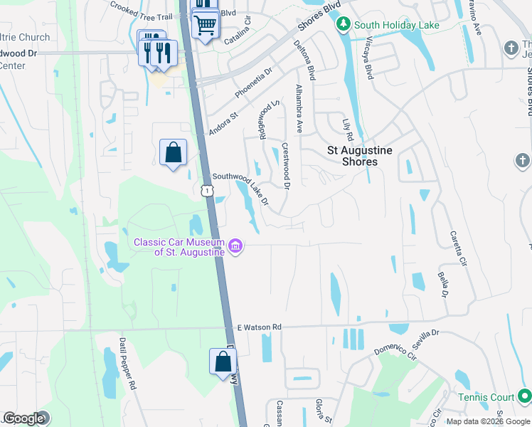 map of restaurants, bars, coffee shops, grocery stores, and more near 104 Laurel Wood Way in St. Augustine