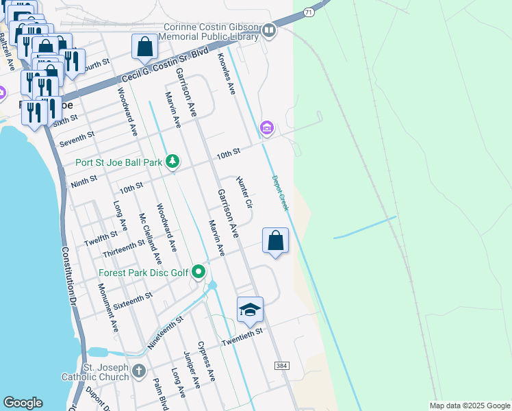 map of restaurants, bars, coffee shops, grocery stores, and more near 129 Hunter Circle in Port St. Joe