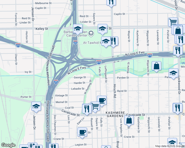 map of restaurants, bars, coffee shops, grocery stores, and more near 3526 George Street in Houston
