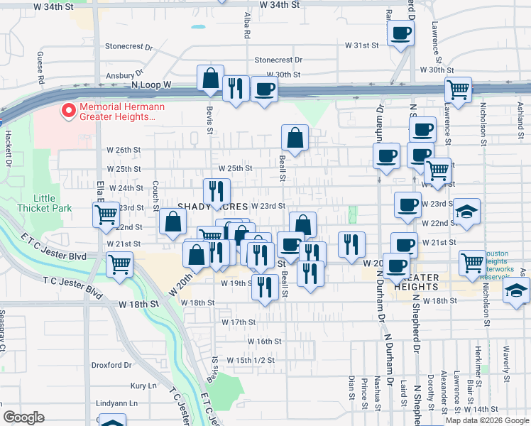 map of restaurants, bars, coffee shops, grocery stores, and more near 1124 West 23rd Street in Houston
